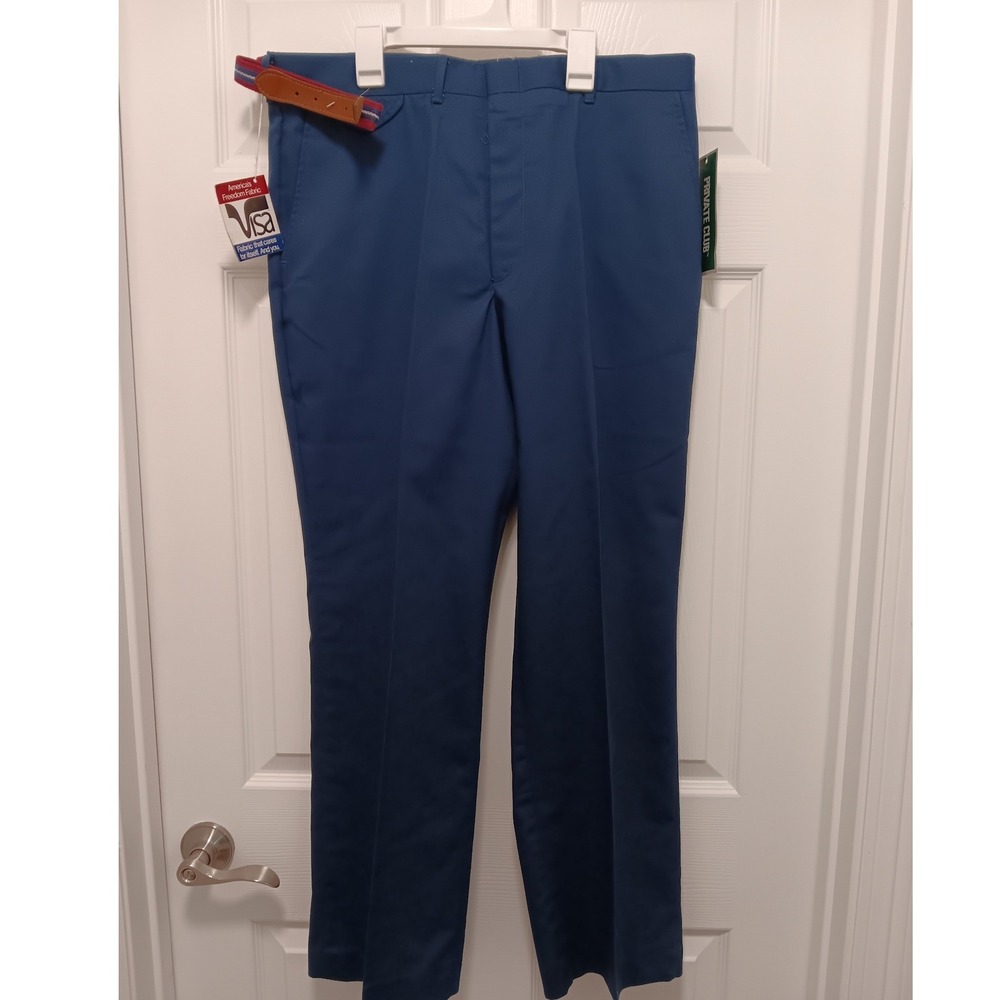 Vintage 70s‎ Private Club Mens 36x30 Blue NWT Dress Pants USA w/ Belt Deadstock